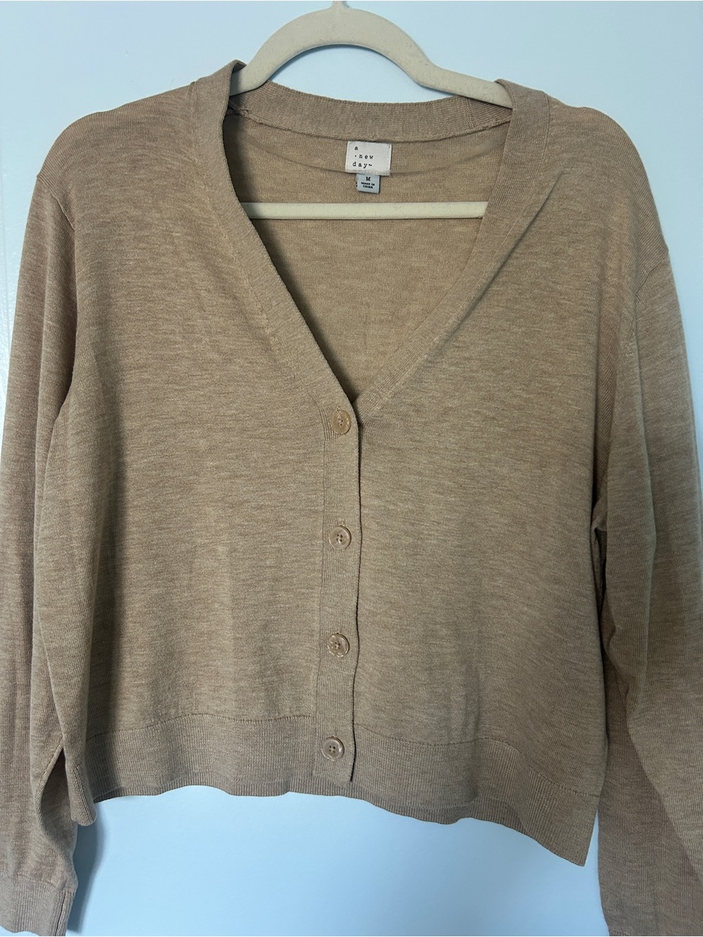 a new day Tan Cropped V-Neck Button Cardigan Size M